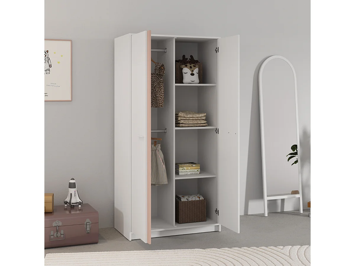 Kleiderschrank mit 2 Türen in Weiß, wendbare Kanten in Sturmblau oder Aprikose, Höhe 180,9 cm - ARLO