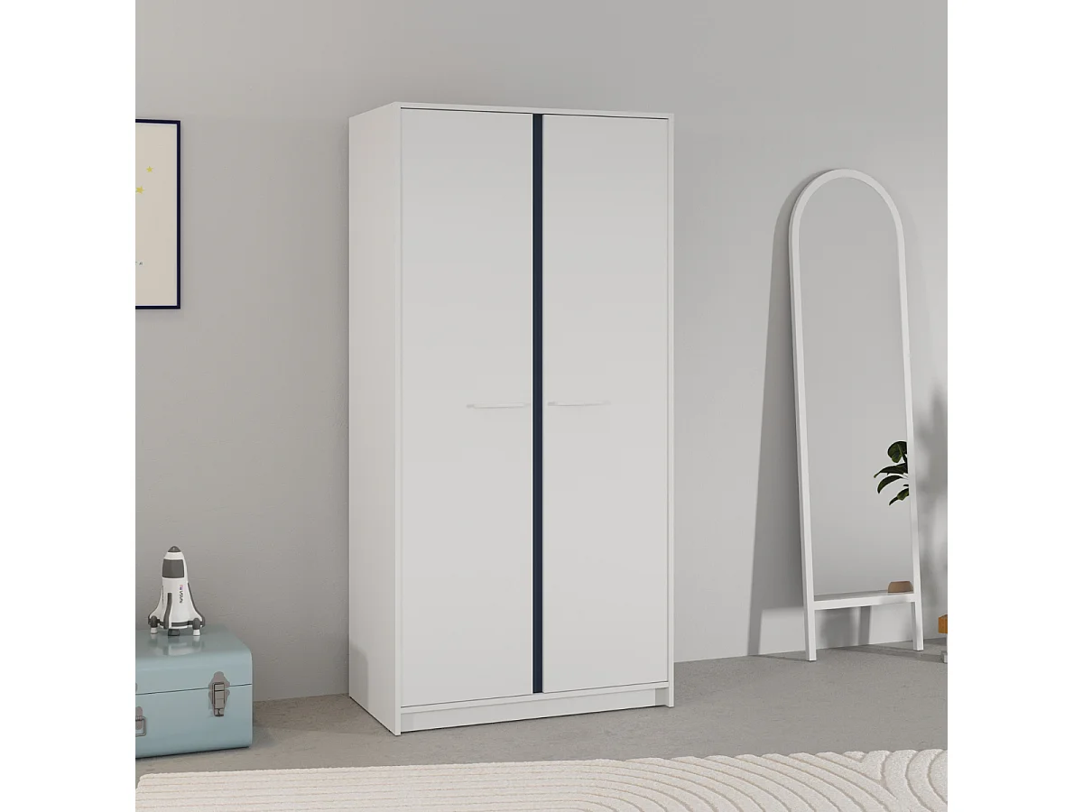 Kleiderschrank mit 2 Türen in Weiß, wendbare Kanten in Sturmblau oder Aprikose, Höhe 180,9 cm - ARLO