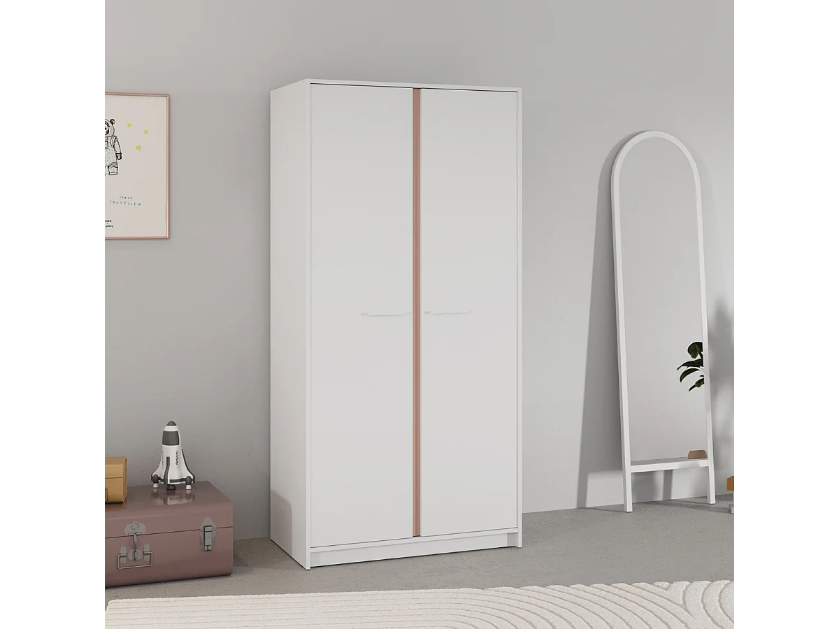Kleiderschrank mit 2 Türen in Weiß, wendbare Kanten in Sturmblau oder Aprikose, Höhe 180,9 cm - ARLO