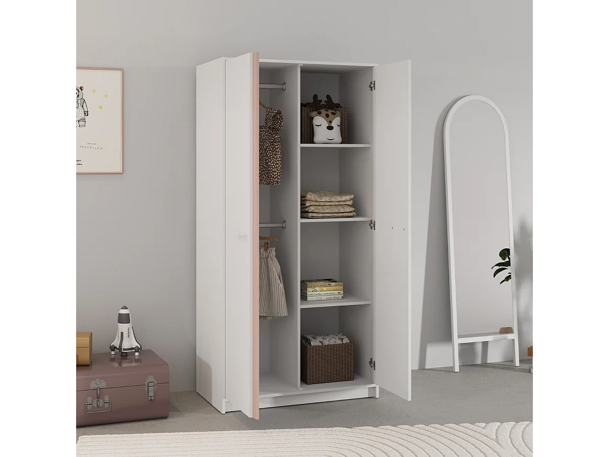 Kleiderschrank mit 2 Türen in Weiß, wendbare Kanten in Sturmblau oder Aprikose, Höhe 180,9 cm - ARLO