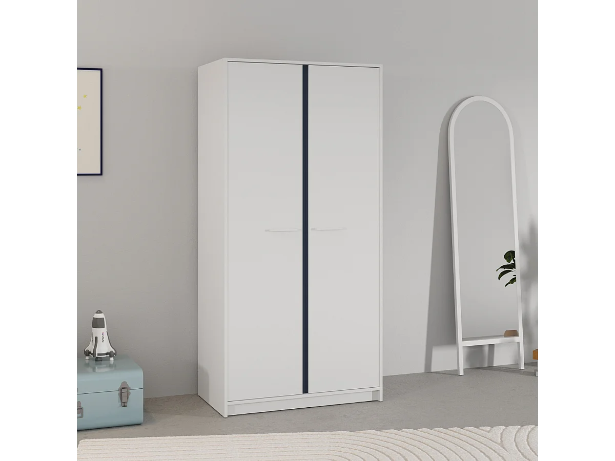 Kleiderschrank mit 2 Türen in Weiß, wendbare Kanten in Sturmblau oder Aprikose, Höhe 180,9 cm - ARLO