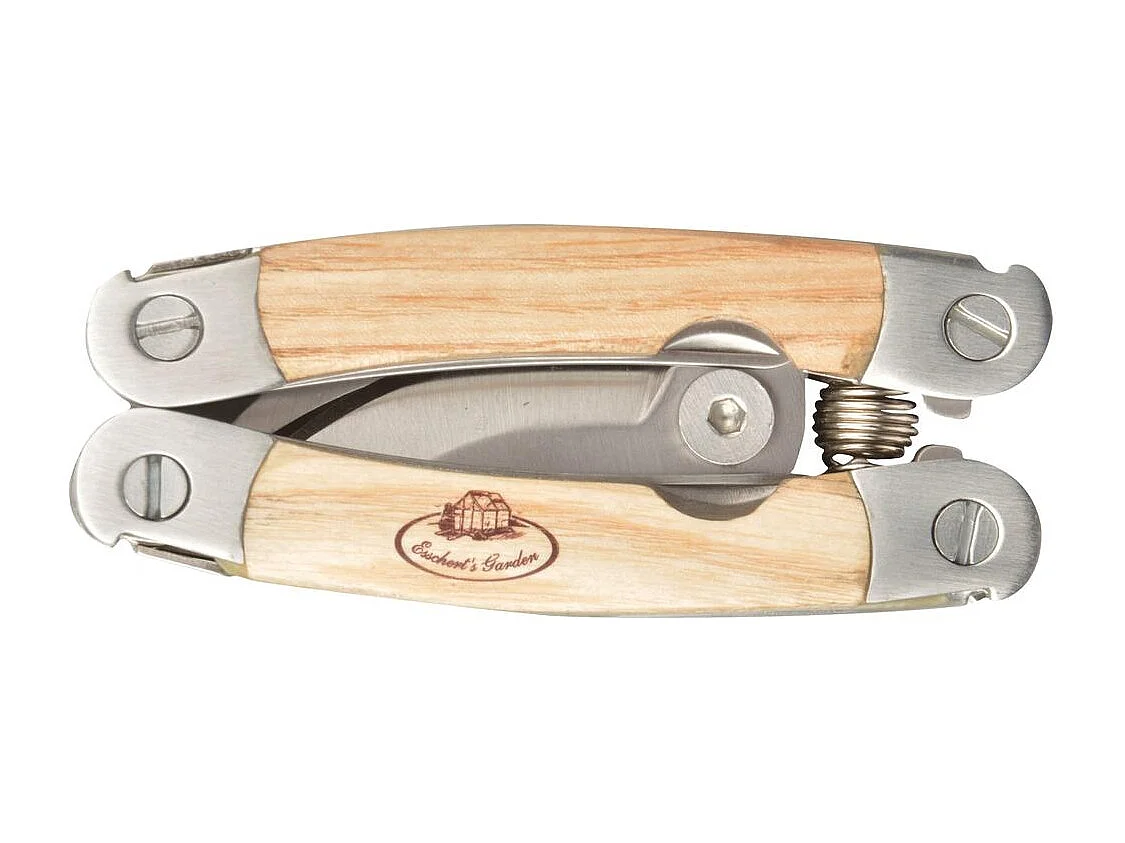 Outil de jardin multifonction sécateur en acier et bois