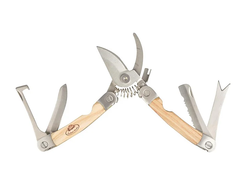 Outil de jardin multifonction sécateur en acier et bois