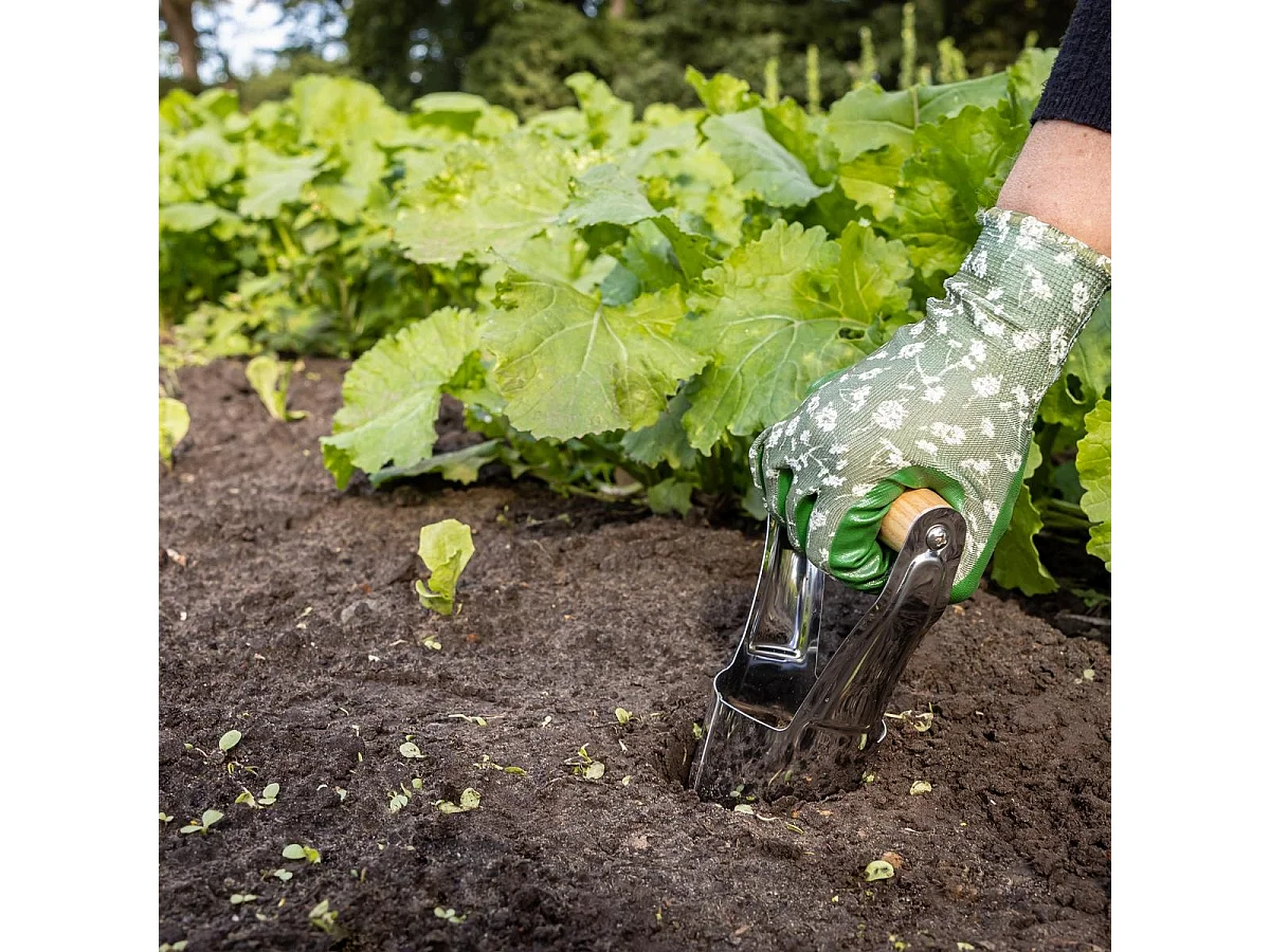 Foraterra plantador de bulbos de flores en acero inoxidable con mango de madera