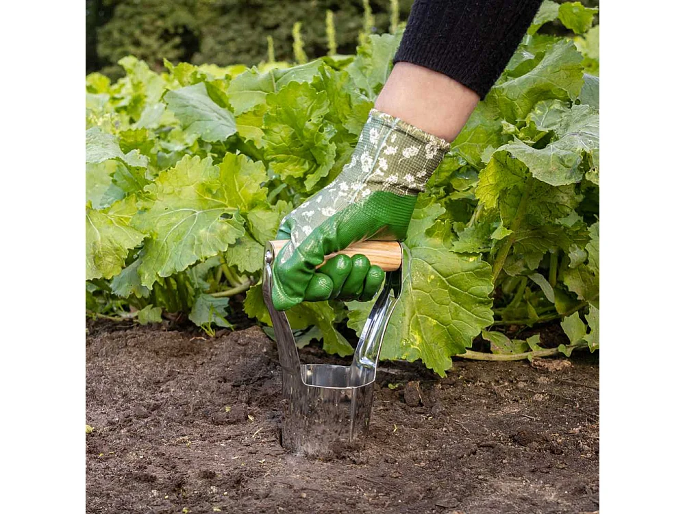 Foraterra plantador de bulbos de flores en acero inoxidable con mango de madera