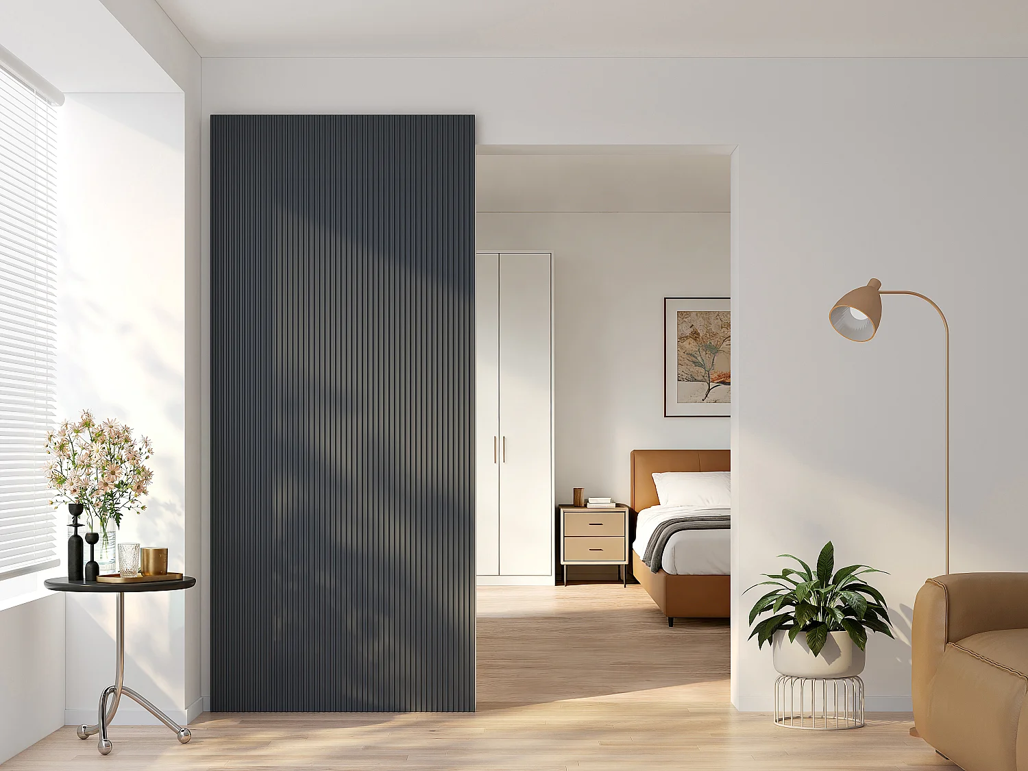 Porta scorrevole in legno e MDF con binario invisibile Scanalato nero - 83 x 210 cm - LORVISA