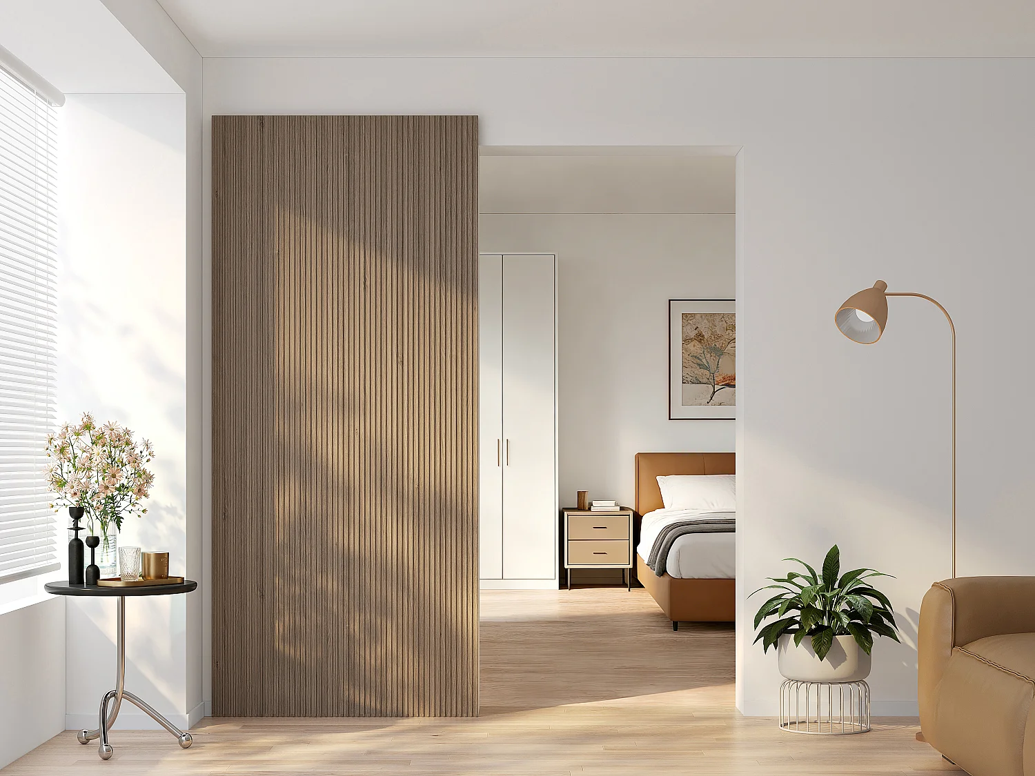 Porta scorrevole in legno e MDF con binario invisibile Scanalato naturale chiaro - 83 x 210 cm - LORVISA
