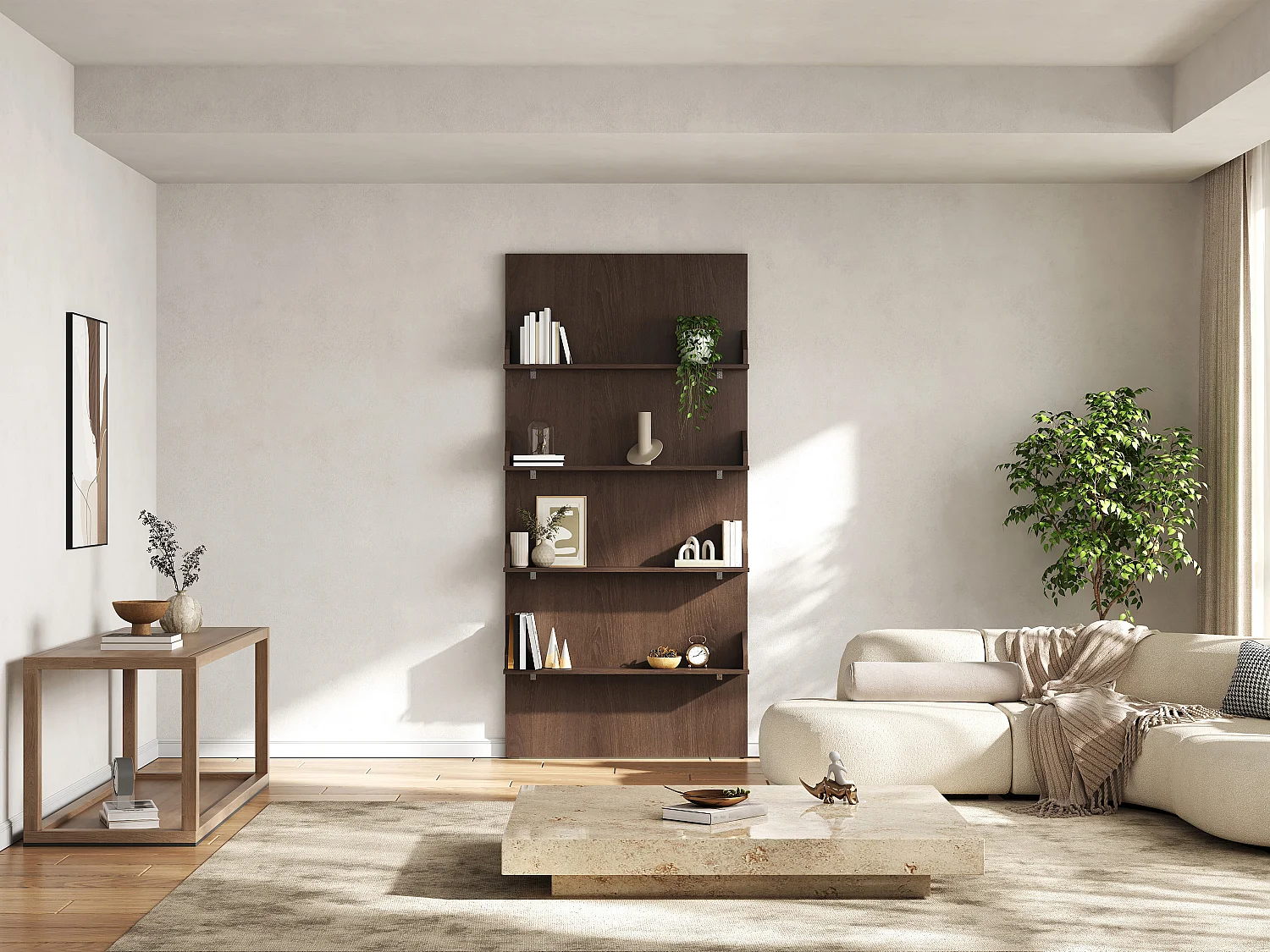 Porte coulissante en bois et MDF avec étagères et rail invisible - naturel foncé - 93 x 210 cm - KAZORI