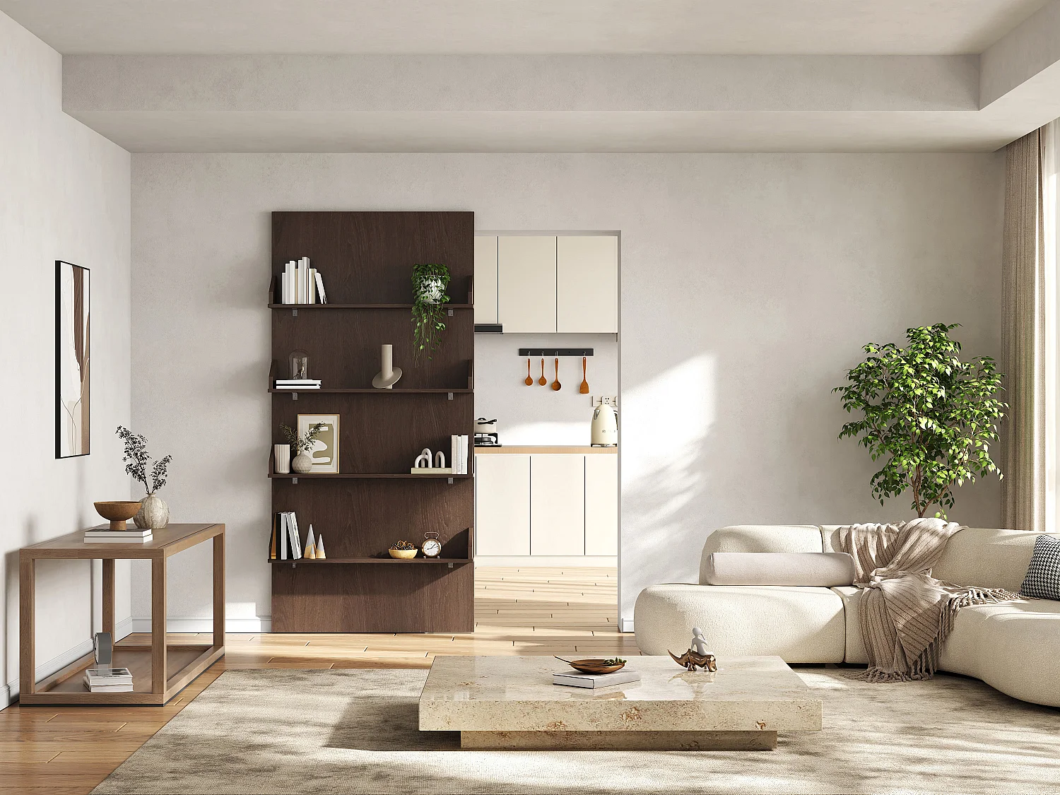 Porte coulissante en bois et MDF avec étagères et rail invisible - naturel foncé - 93 x 210 cm - KAZORI