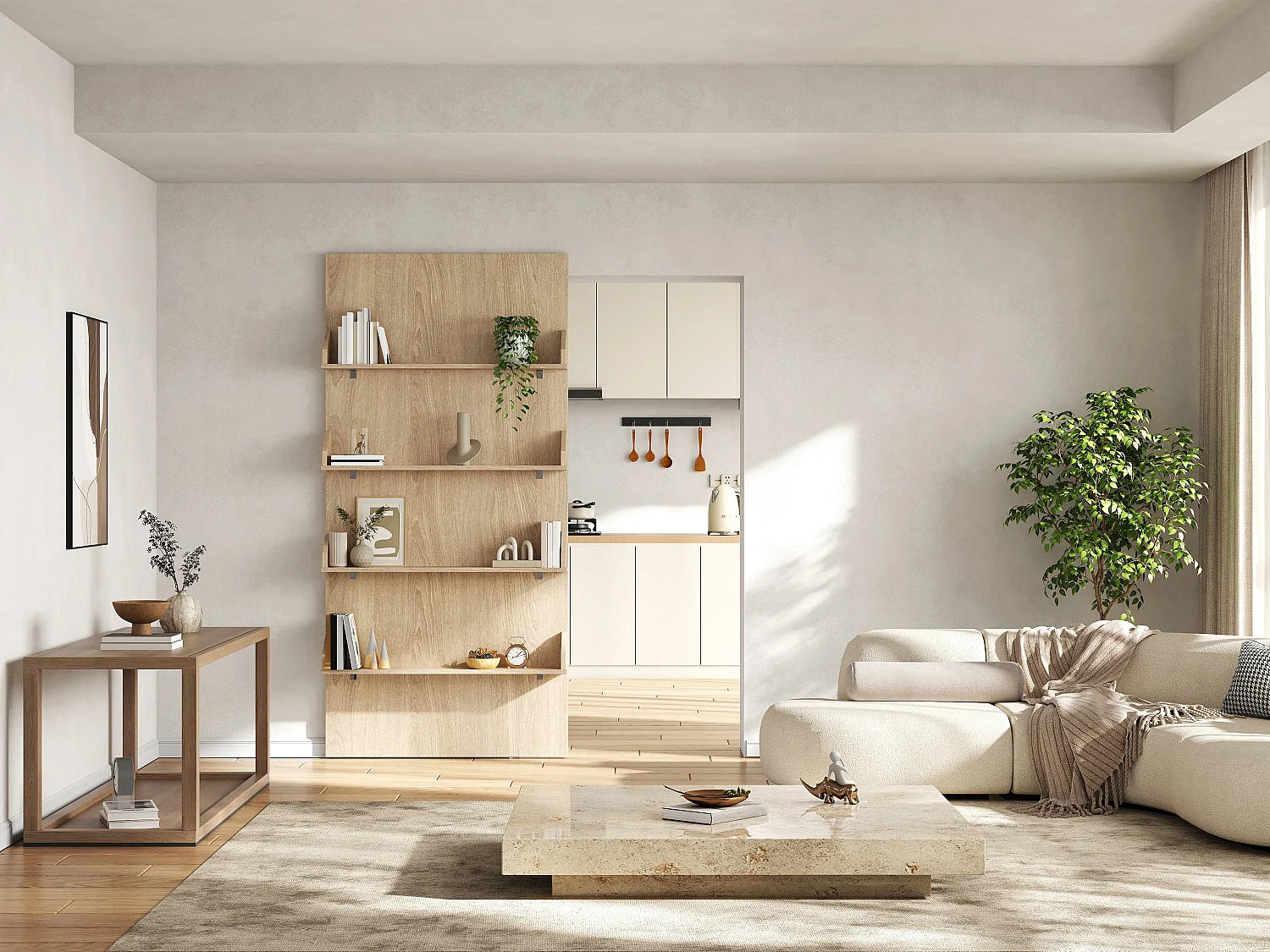 Porte coulissante en bois et MDF avec étagères et rail invisible - naturel clair - 93 x 210 cm - KAZORI