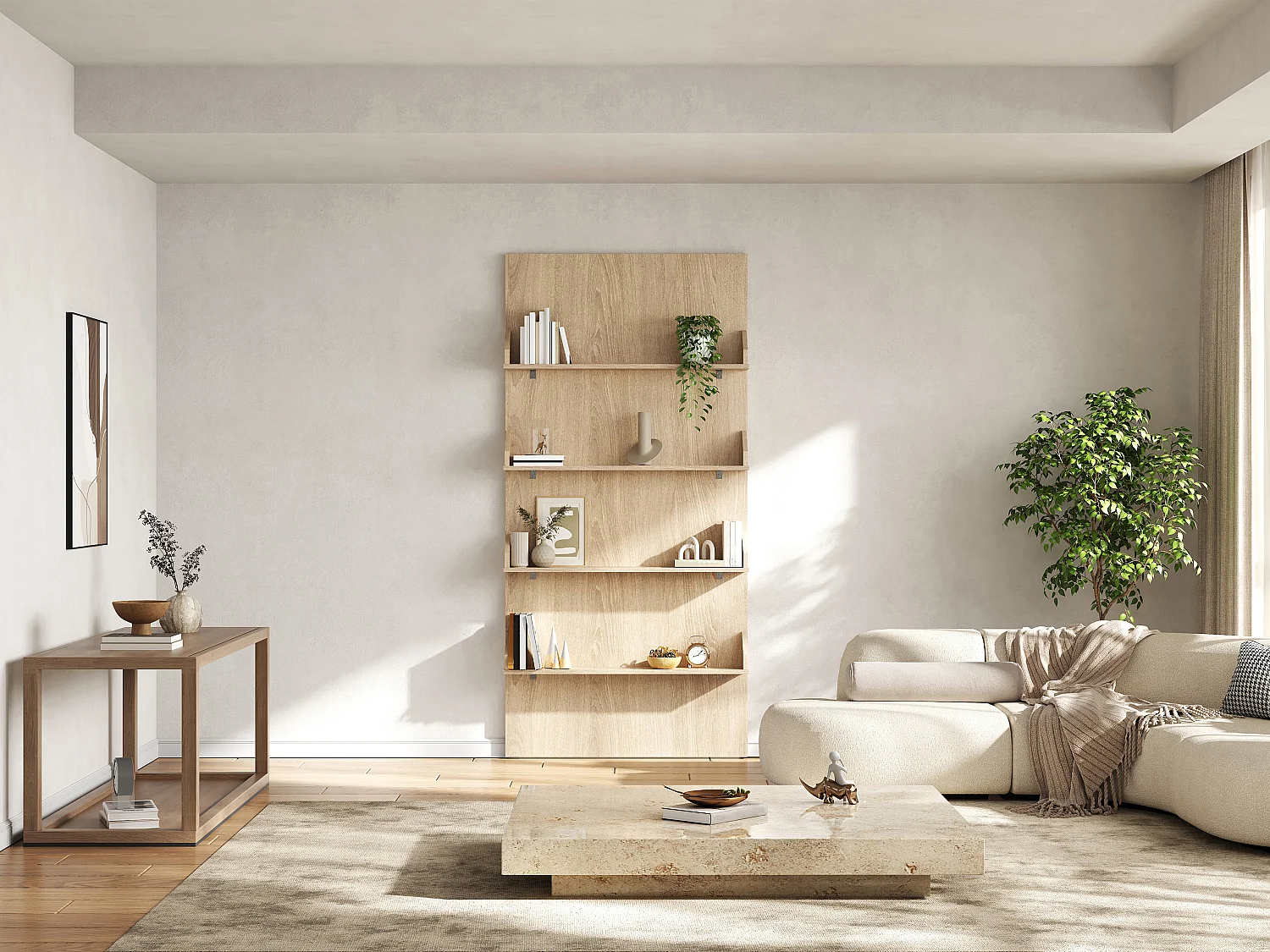 Porte coulissante en bois et MDF avec étagères et rail invisible - naturel clair - 93 x 210 cm - KAZORI