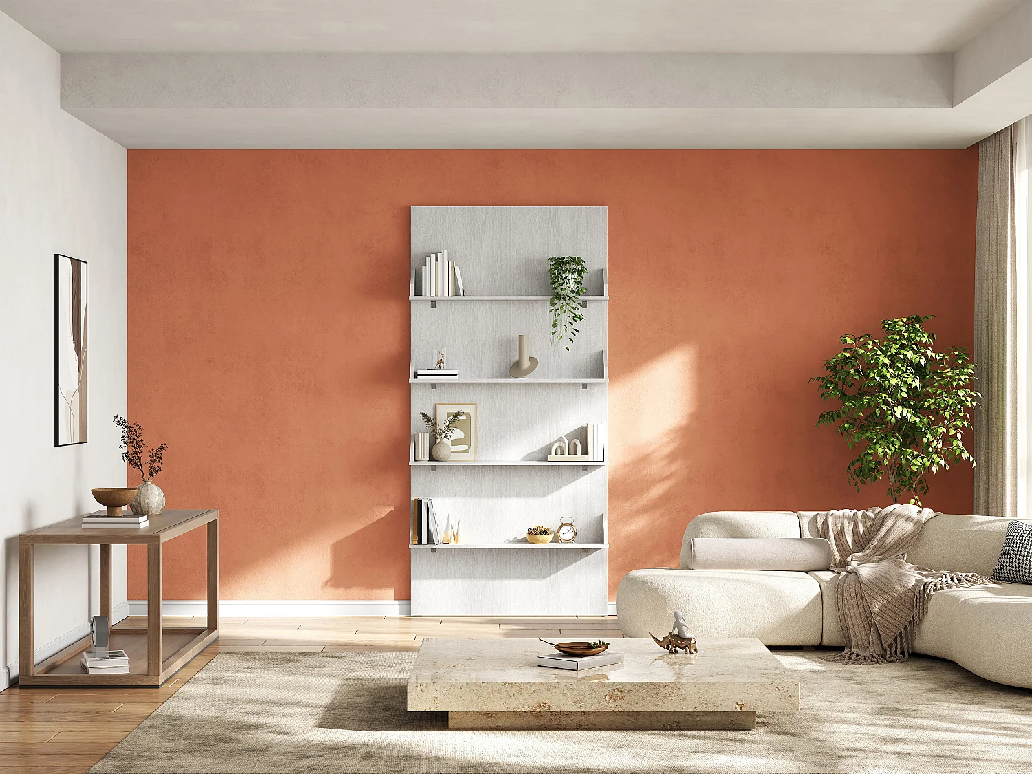 Porte coulissante en bois et MDF avec étagères et rail invisible - blanc - 93 x 210 cm - KAZORI