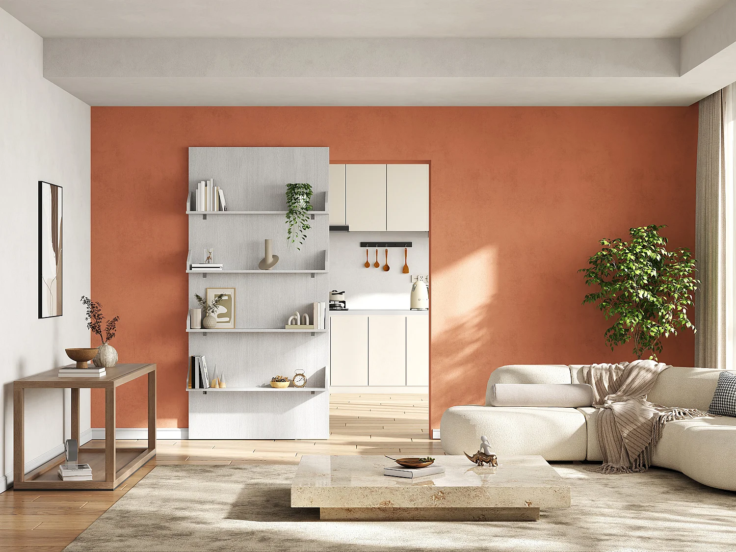 Porte coulissante en bois et MDF avec étagères et rail invisible - blanc - 93 x 210 cm - KAZORI