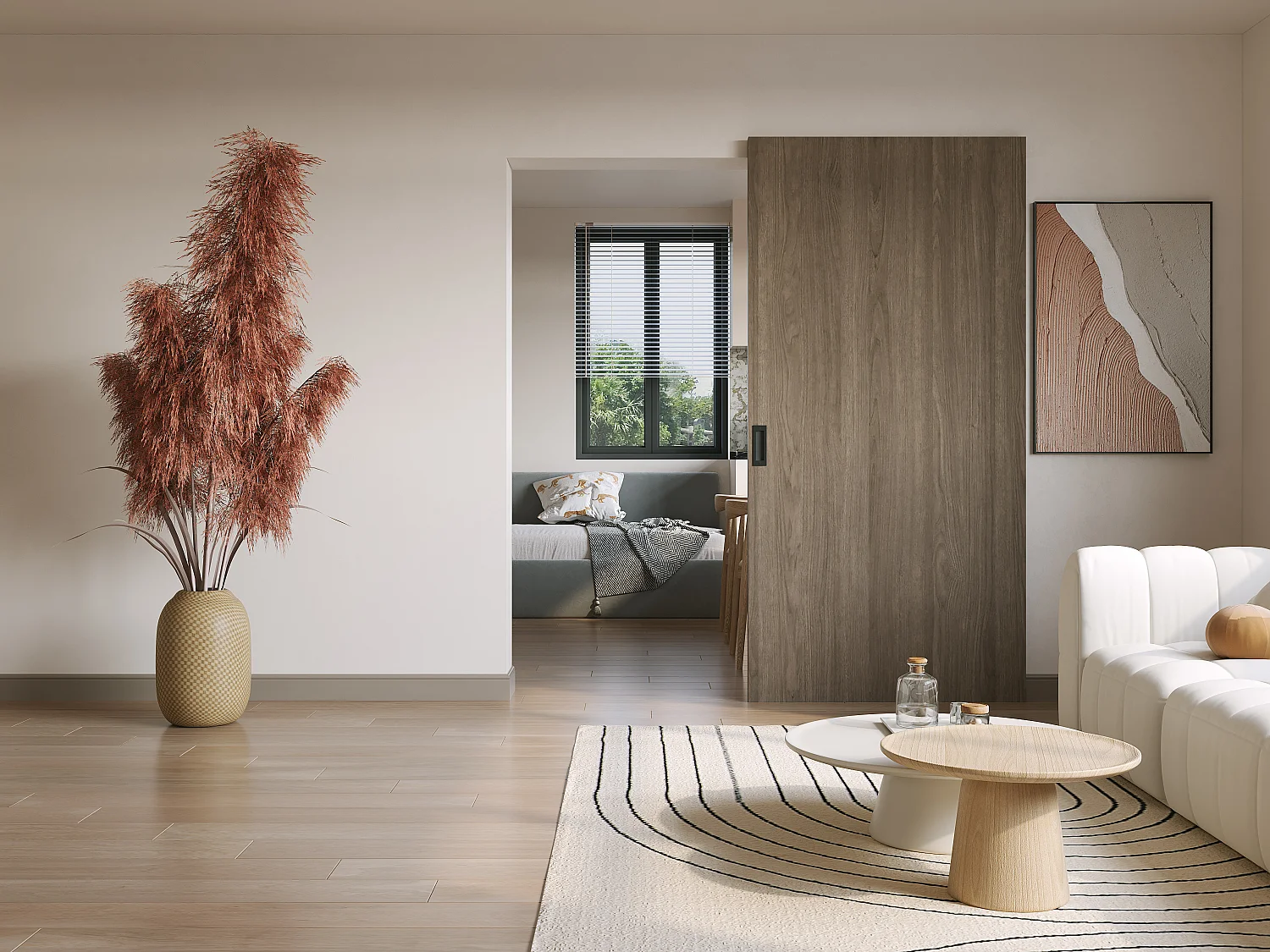 Porte coulissante en bois et MDF avec rail invisible - Chêne clair - 103 x 210 cm - BOCAZI