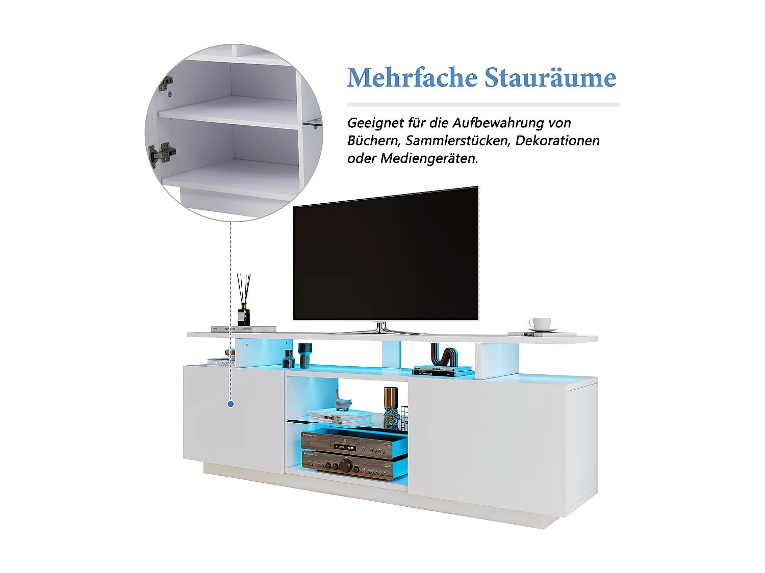 Meuble TV avec LED, 120 cm, 16 couleurs, 2 portes, design moderne, panneaux laqués, pour TV jusqu'à 60 pouces, avec éclairage RGB (120x40x80cm), blanc