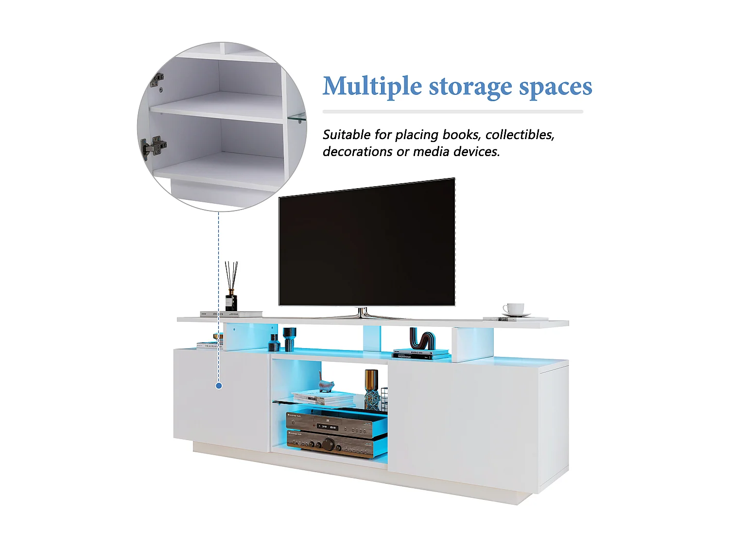 Meuble TV avec LED, 120 cm, 16 couleurs, 2 portes, design moderne, panneaux laqués, pour TV jusqu'à 60 pouces, avec éclairage RGB (120x40x80cm), blanc