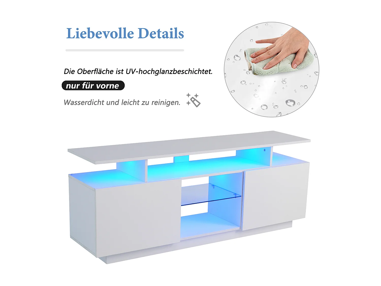 Meuble TV avec LED, 120 cm, 16 couleurs, 2 portes, design moderne, panneaux laqués, pour TV jusqu'à 60 pouces, avec éclairage RGB (120x40x80cm), blanc