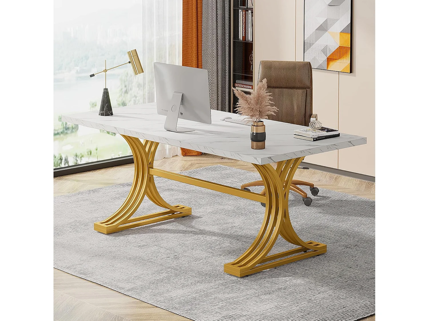 Bureau d'ordinateur, pieds en forme de double C, 159x80x75cm,table d'écriture pour bureau a domicile