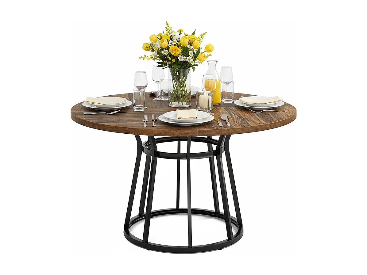 Table Ronde de Salle à Manger Marron 120 x 75 cm, Base en Métal Noir Cylindrique, pour 4 Personnes, Idéale pour Cuisine, Salon ou Salle à Manger