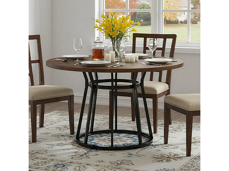 Table Ronde de Salle à Manger Marron 120 x 75 cm, Base en Métal Noir Cylindrique, pour 4 Personnes, Idéale pour Cuisine, Salon ou Salle à Manger