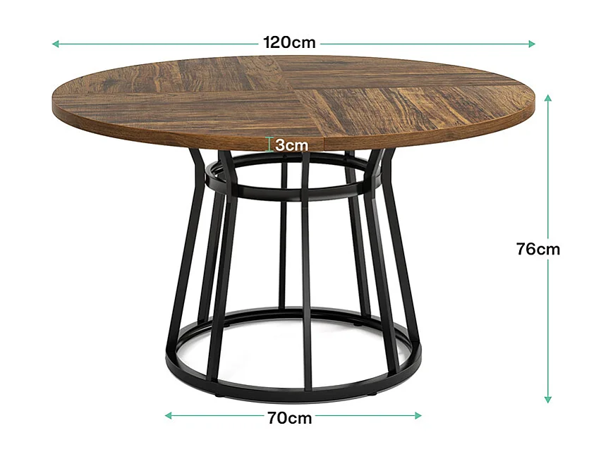 Table Ronde de Salle à Manger Marron 120 x 75 cm, Base en Métal Noir Cylindrique, pour 4 Personnes, Idéale pour Cuisine, Salon ou Salle à Manger