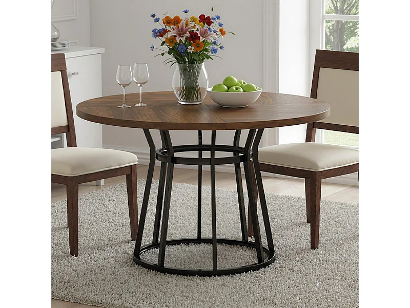 Table Ronde de Salle à Manger Marron 120 x 75 cm, Base en Métal Noir Cylindrique, pour 4 Personnes, Idéale pour Cuisine, Salon ou Salle à Manger