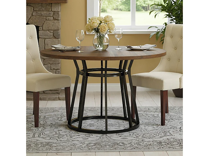Table Ronde de Salle à Manger Marron 120 x 75 cm, Base en Métal Noir Cylindrique, pour 4 Personnes, Idéale pour Cuisine, Salon ou Salle à Manger