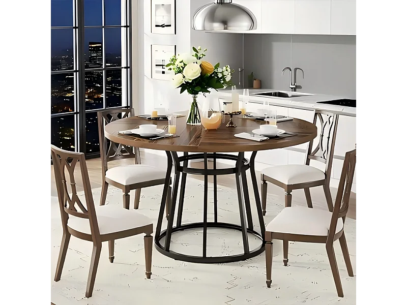 Table Ronde de Salle à Manger Marron 120 x 75 cm, Base en Métal Noir Cylindrique, pour 4 Personnes, Idéale pour Cuisine, Salon ou Salle à Manger