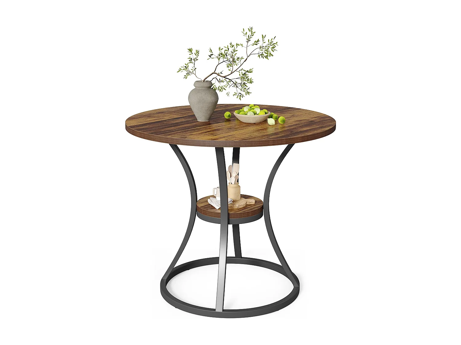 Table ronde 80cm avec rangement, 2 tier table de salon et cuisine rond avec base en métal, pour salon,salle à manger