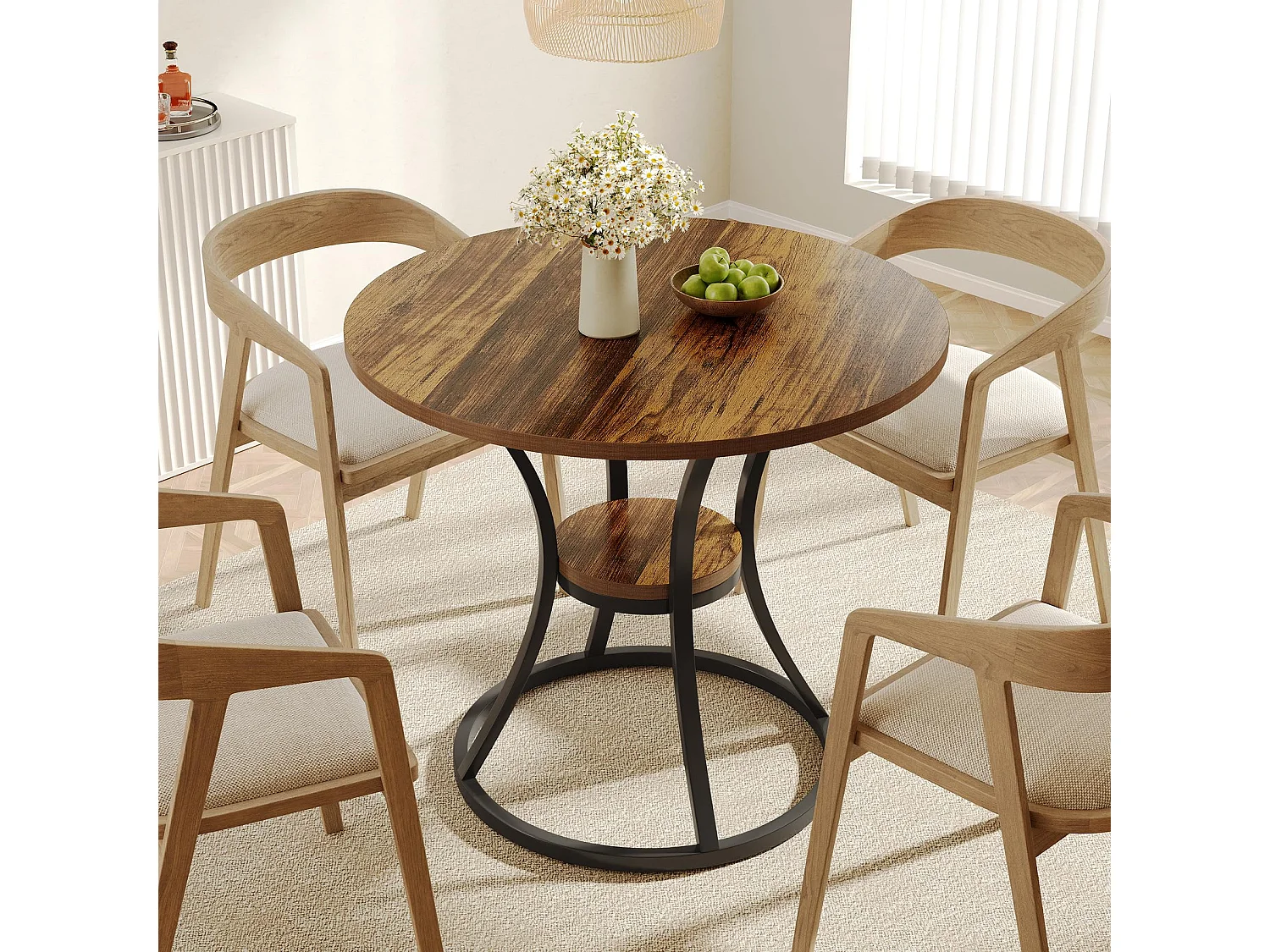 Table ronde 80cm avec rangement, 2 tier table de salon et cuisine rond avec base en métal, pour salon,salle à manger