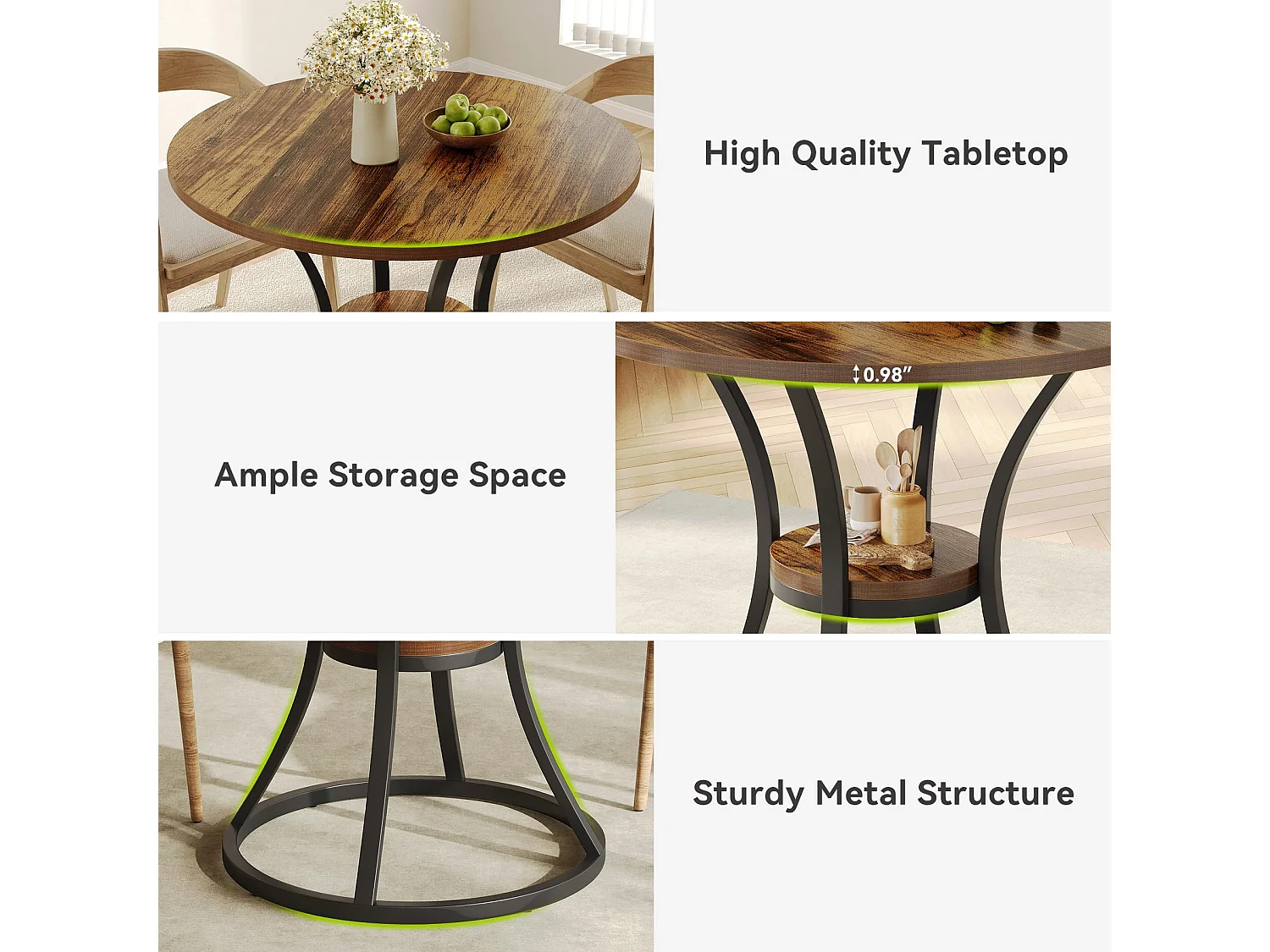 Table ronde 80cm avec rangement, 2 tier table de salon et cuisine rond avec base en métal, pour salon,salle à manger