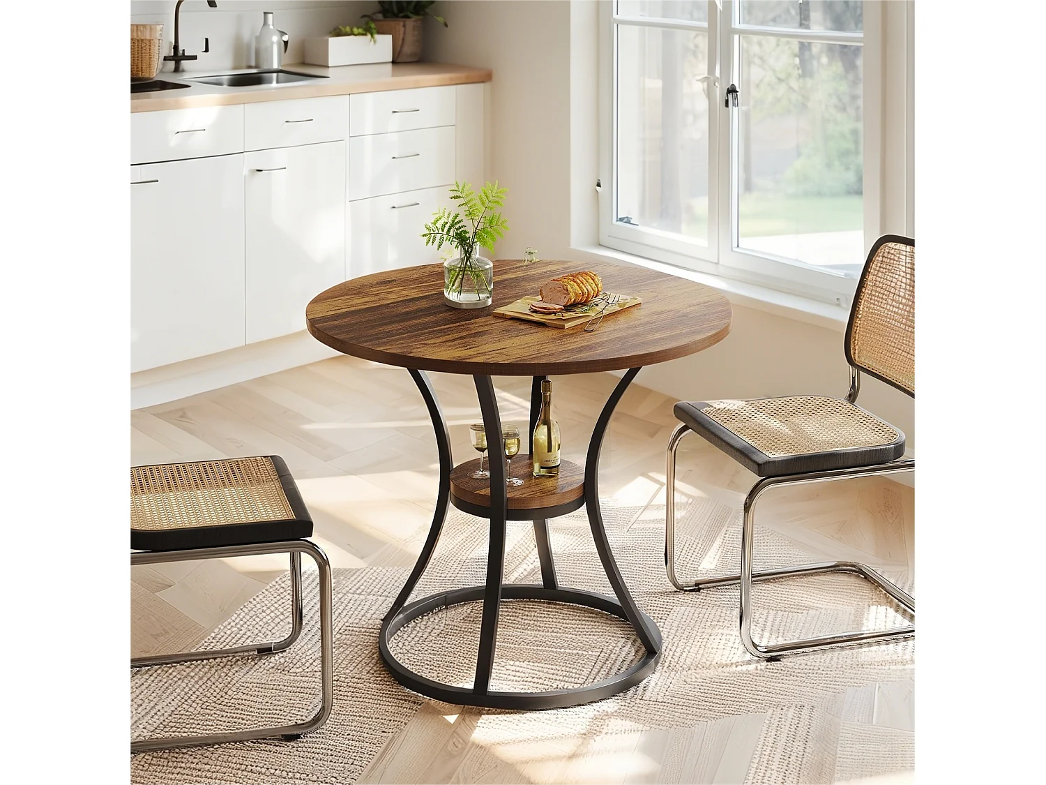 Table ronde 80cm avec rangement, 2 tier table de salon et cuisine rond avec base en métal, pour salon,salle à manger