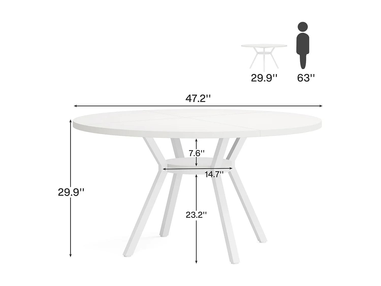 Table de Salle à Manger Ronde avec Plateau Effet MDF,120 * 120 * 75cm, avec Quatre Pieds en Métal, Blanche,Rétro Scandinave