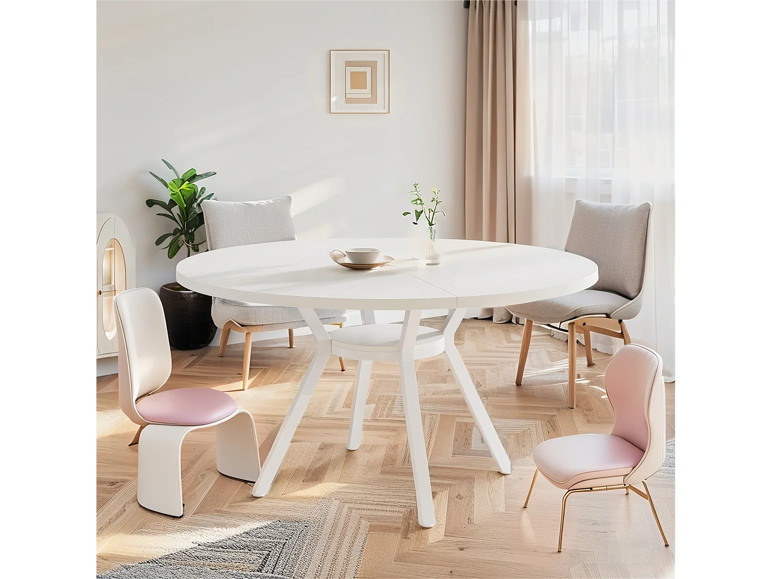 Table de Salle à Manger Ronde avec Plateau Effet MDF,120 * 120 * 75cm, avec Quatre Pieds en Métal, Blanche,Rétro Scandinave