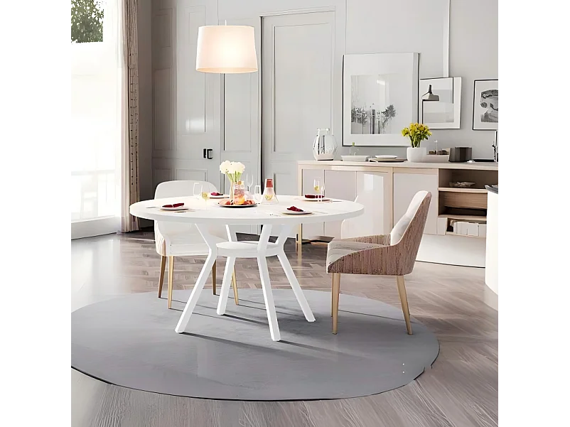 Table de Salle à Manger Ronde avec Plateau Effet MDF,120 * 120 * 75cm, avec Quatre Pieds en Métal, Blanche,Rétro Scandinave