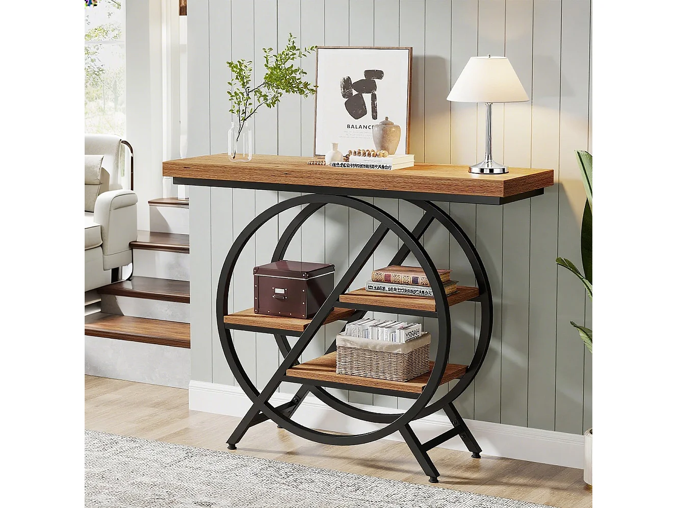 Table console de 100 cm avec plateau épais, table de canapé de couloir industrielle étroite à 4 niveaux avec cadre géométrique en métal pour salon, entrée, marron