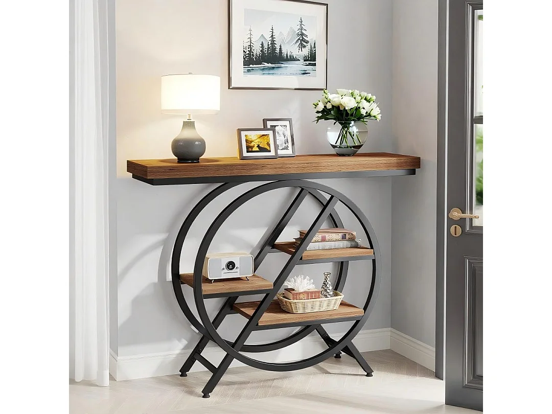 Table console de 100 cm avec plateau épais, table de canapé de couloir industrielle étroite à 4 niveaux avec cadre géométrique en métal pour salon, entrée, marron