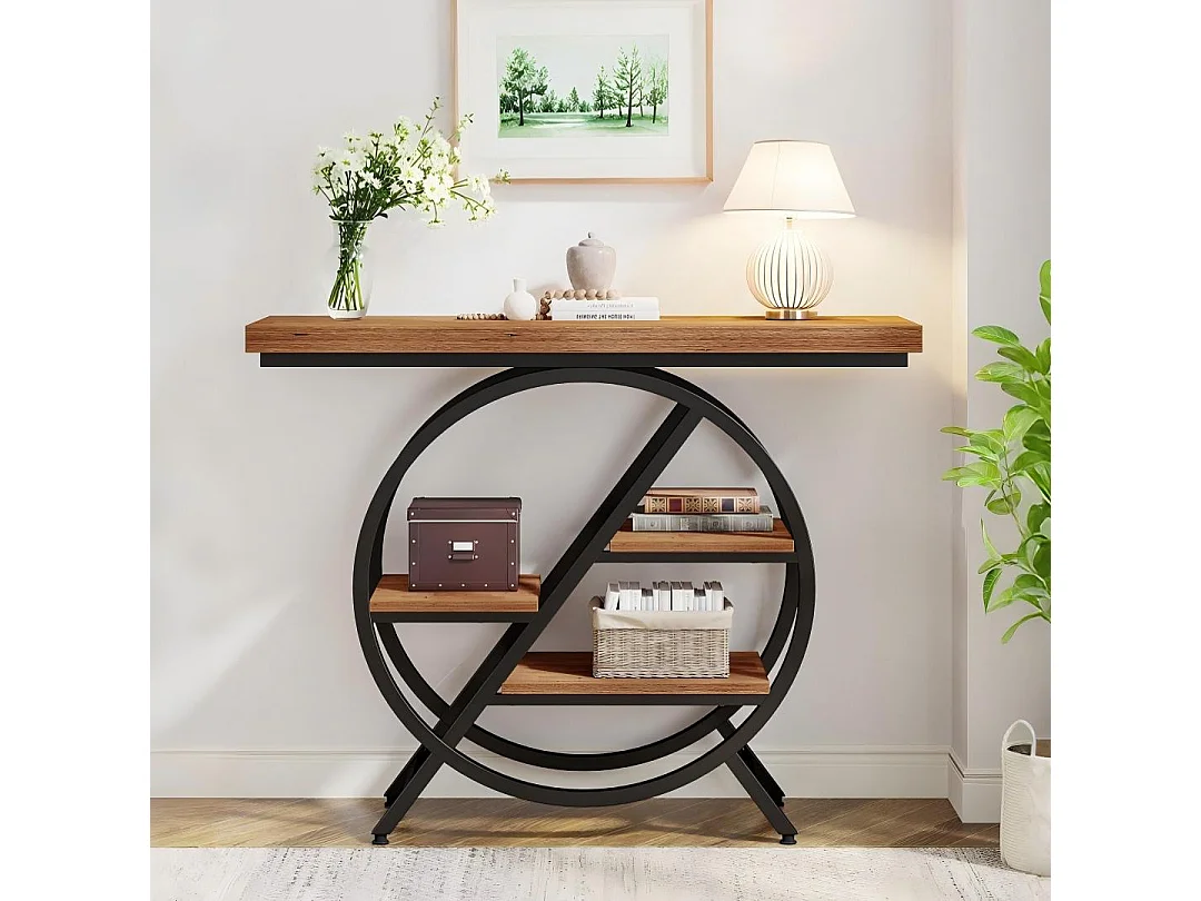 Table console de 100 cm avec plateau épais, table de canapé de couloir industrielle étroite à 4 niveaux avec cadre géométrique en métal pour salon, entrée, marron