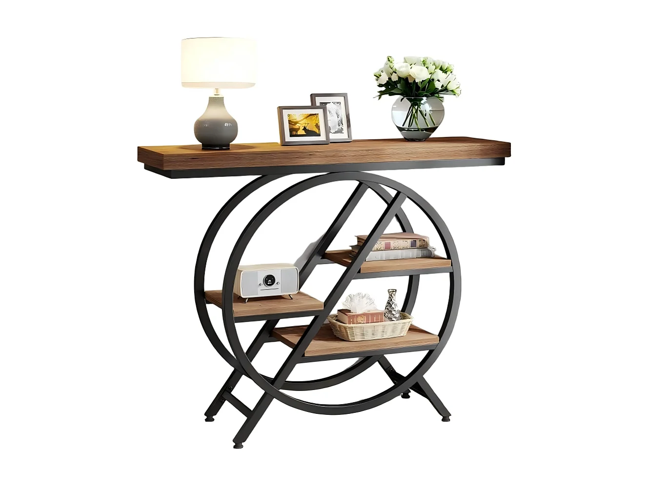 Table console de 100 cm avec plateau épais, table de canapé de couloir industrielle étroite à 4 niveaux avec cadre géométrique en métal pour salon, entrée, marron