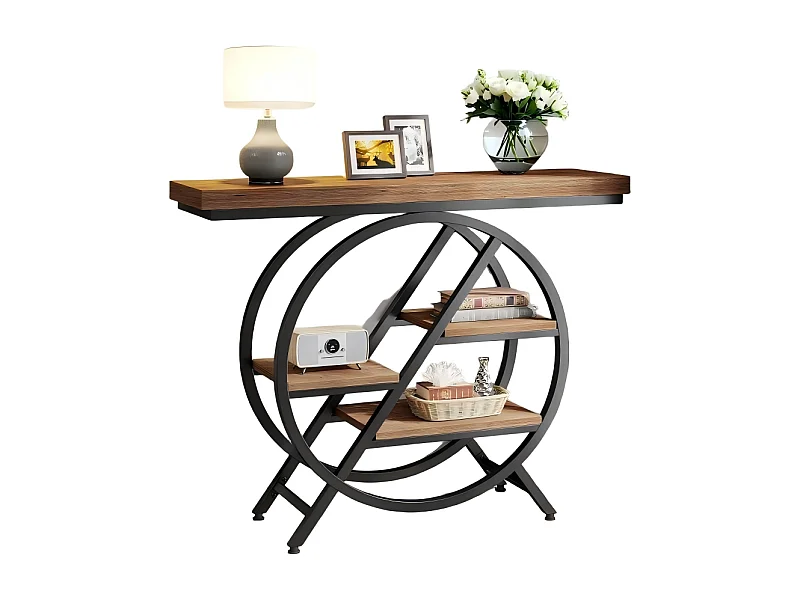 Table console de 100 cm avec plateau épais, table de canapé de couloir industrielle étroite à 4 niveaux avec cadre géométrique en métal pour salon, entrée, marron