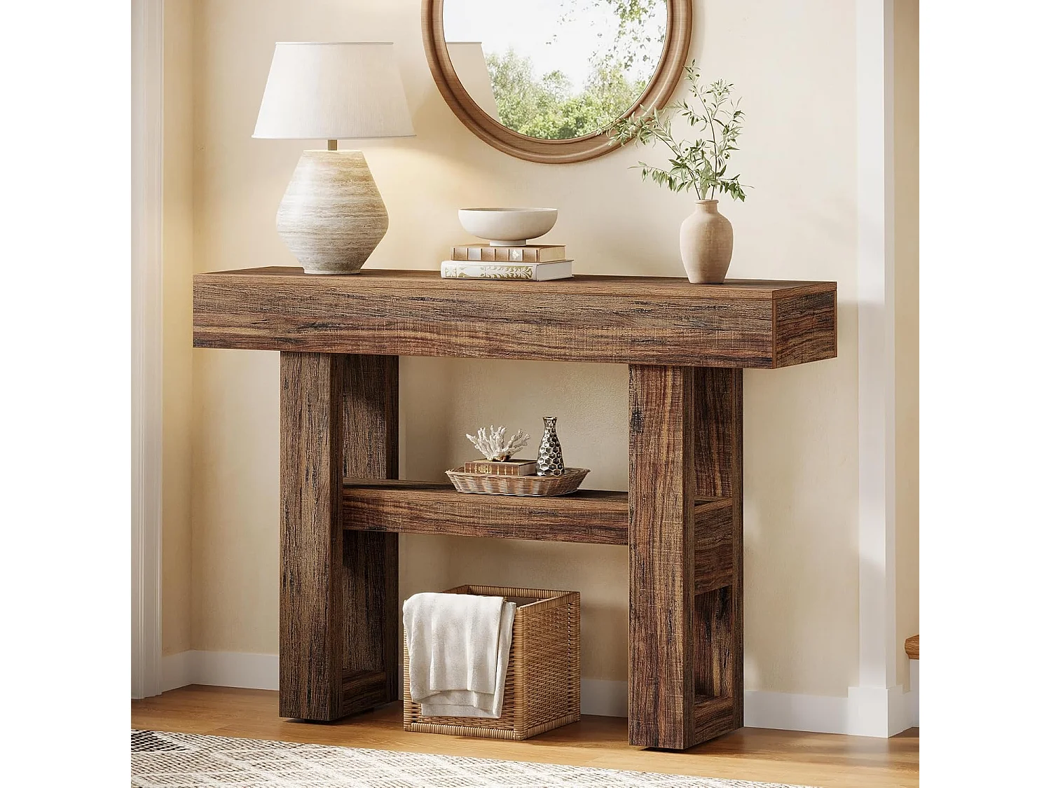 Console Meuble, Console d’entrée en bois rustique, Tables d'entrée de 105 cm Table de canapé étroite pour Salon, Marron