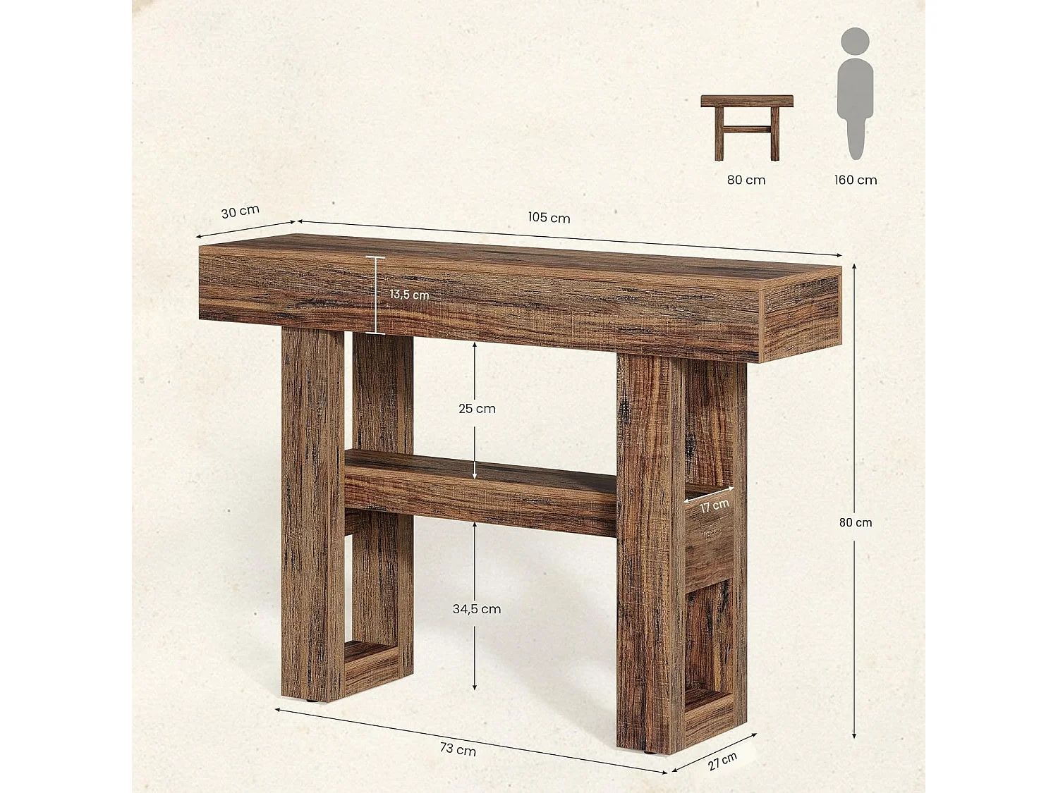 Console Meuble, Console d’entrée en bois rustique, Tables d'entrée de 105 cm Table de canapé étroite pour Salon, Marron