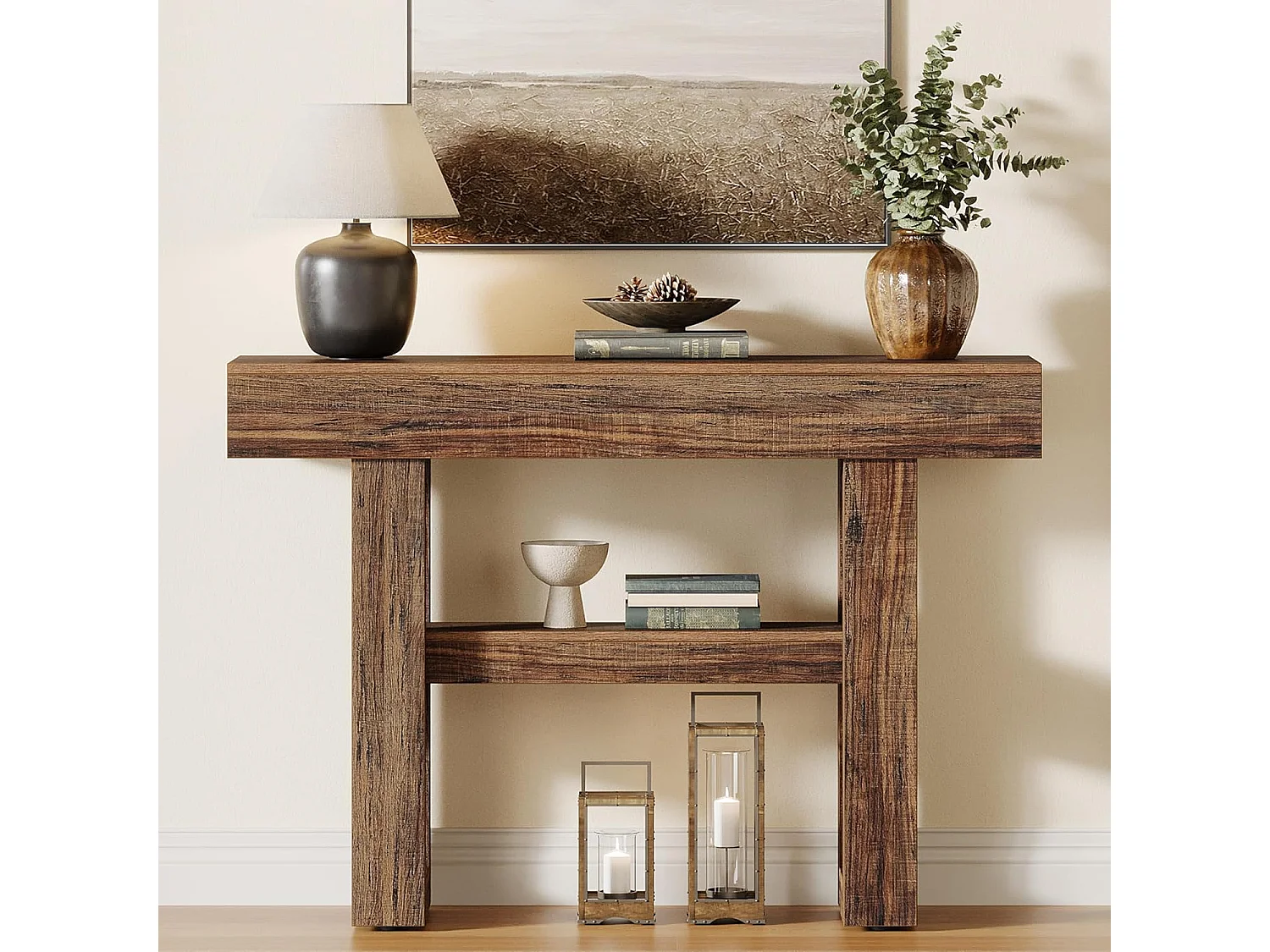Console Meuble, Console d’entrée en bois rustique, Tables d'entrée de 105 cm Table de canapé étroite pour Salon, Marron