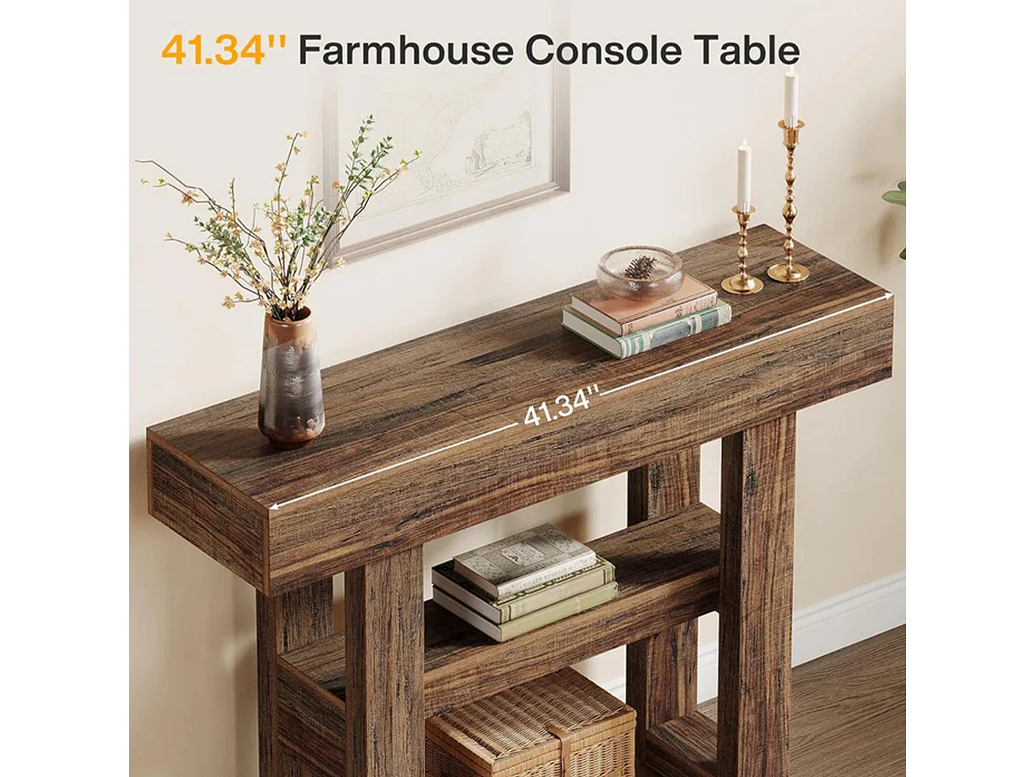 Console Meuble, Console d’entrée en bois rustique, Tables d'entrée de 105 cm Table de canapé étroite pour Salon, Marron