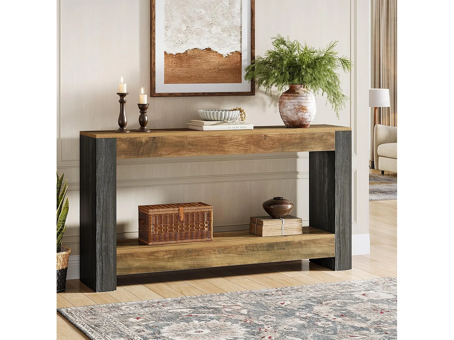 Table Console de 160 cm de Long pour entrée, Table d’Entrée en Bois Rustique pour Salon, Couloir, entrée, Hall d'entrée, Marron et Noir rustiques