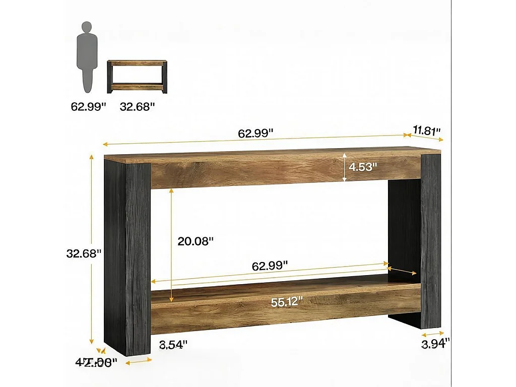 Table Console de 160 cm de Long pour entrée, Table d’Entrée en Bois Rustique pour Salon, Couloir, entrée, Hall d'entrée, Marron et Noir rustiques
