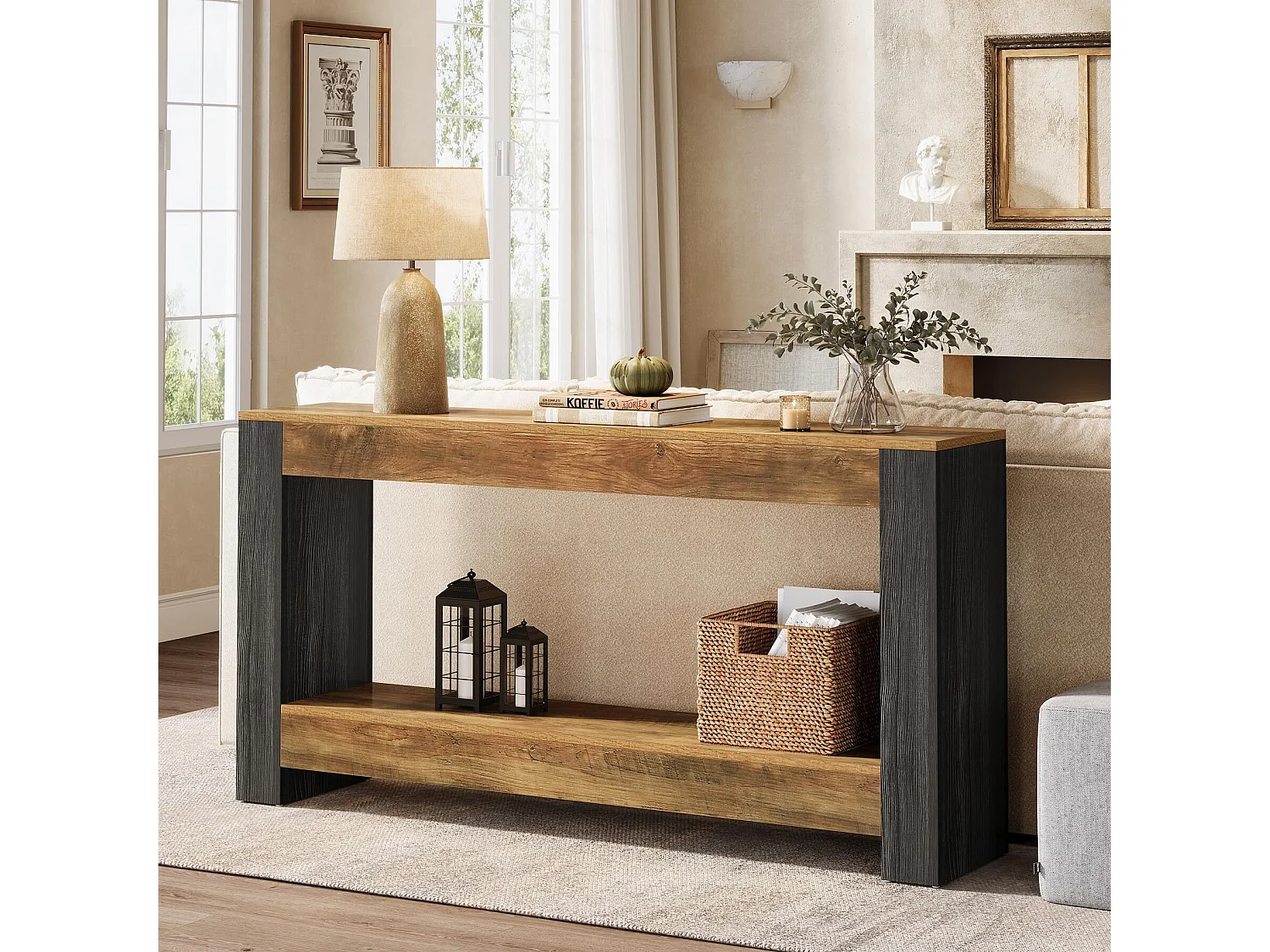 Table Console de 160 cm de Long pour entrée, Table d’Entrée en Bois Rustique pour Salon, Couloir, entrée, Hall d'entrée, Marron et Noir rustiques