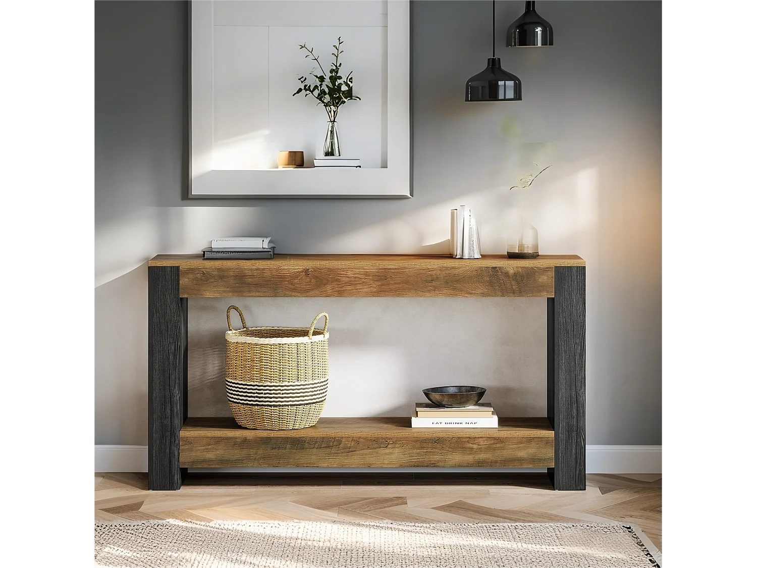 Table Console de 160 cm de Long pour entrée, Table d’Entrée en Bois Rustique pour Salon, Couloir, entrée, Hall d'entrée, Marron et Noir rustiques