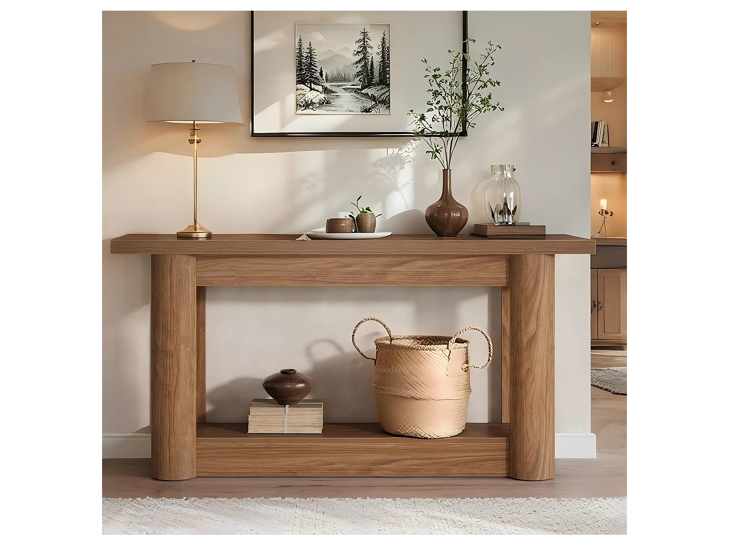 table console de 160 cm, couloir étroit, longue derrière le canapé, entrée 2 niveaux, couloir, salon, marron rustique