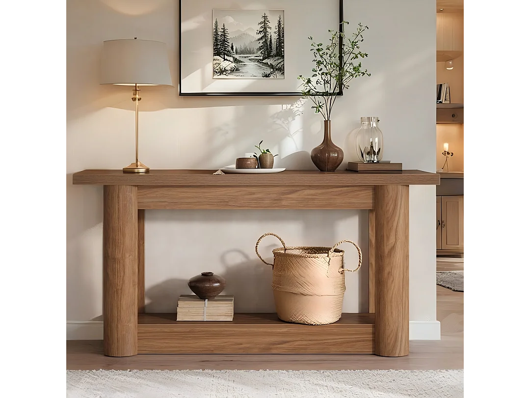table console de 160 cm, couloir étroit, longue derrière le canapé, entrée 2 niveaux, couloir, salon, marron rustique